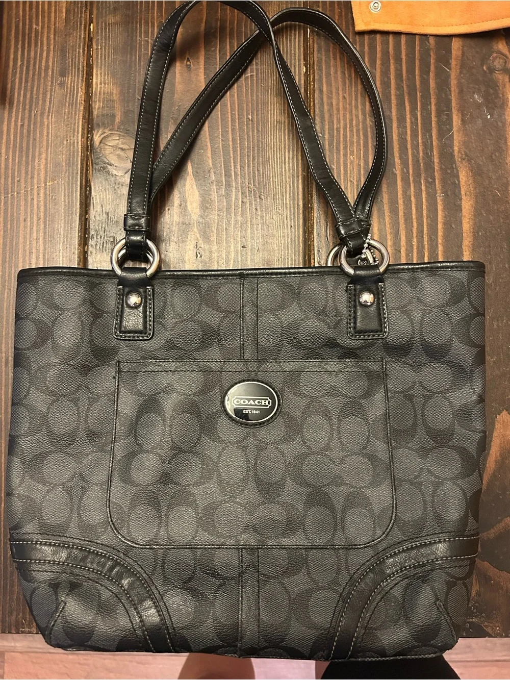 Coach Black Signature Canvas Tote with Leather Trim